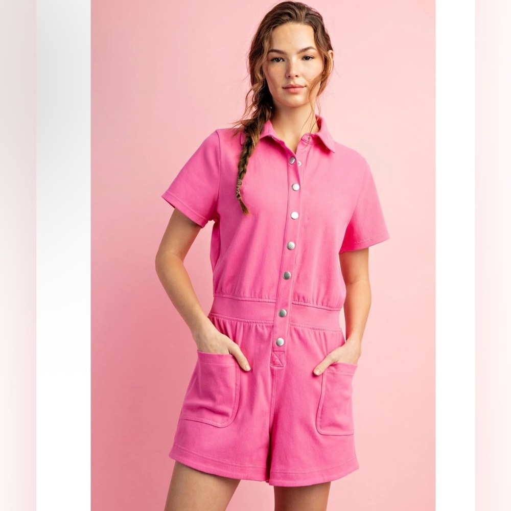 New Rae Mode Cotton Stretch Twill Button-Up Short Sleeve Romper in Pink Size 1X